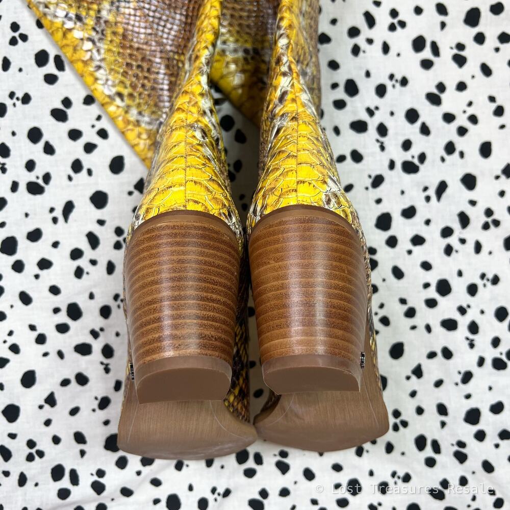 Sam Edelman | Lindsey Yellow Brown Snake Print Tall Leather Western Heel Boots 8 - Picture 8 of 11